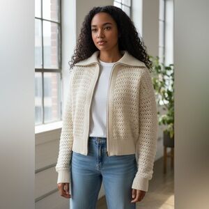 Doe & Rae Zip Front Sweater Sz M NWOT | Textured Knit Neutral Layer